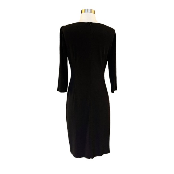 DAVID MEISTER Black Sheath Cocktail Dress Ruched Ruffles 3/4 Sleeves Midi 4 EUC - Picture 2 of 8
